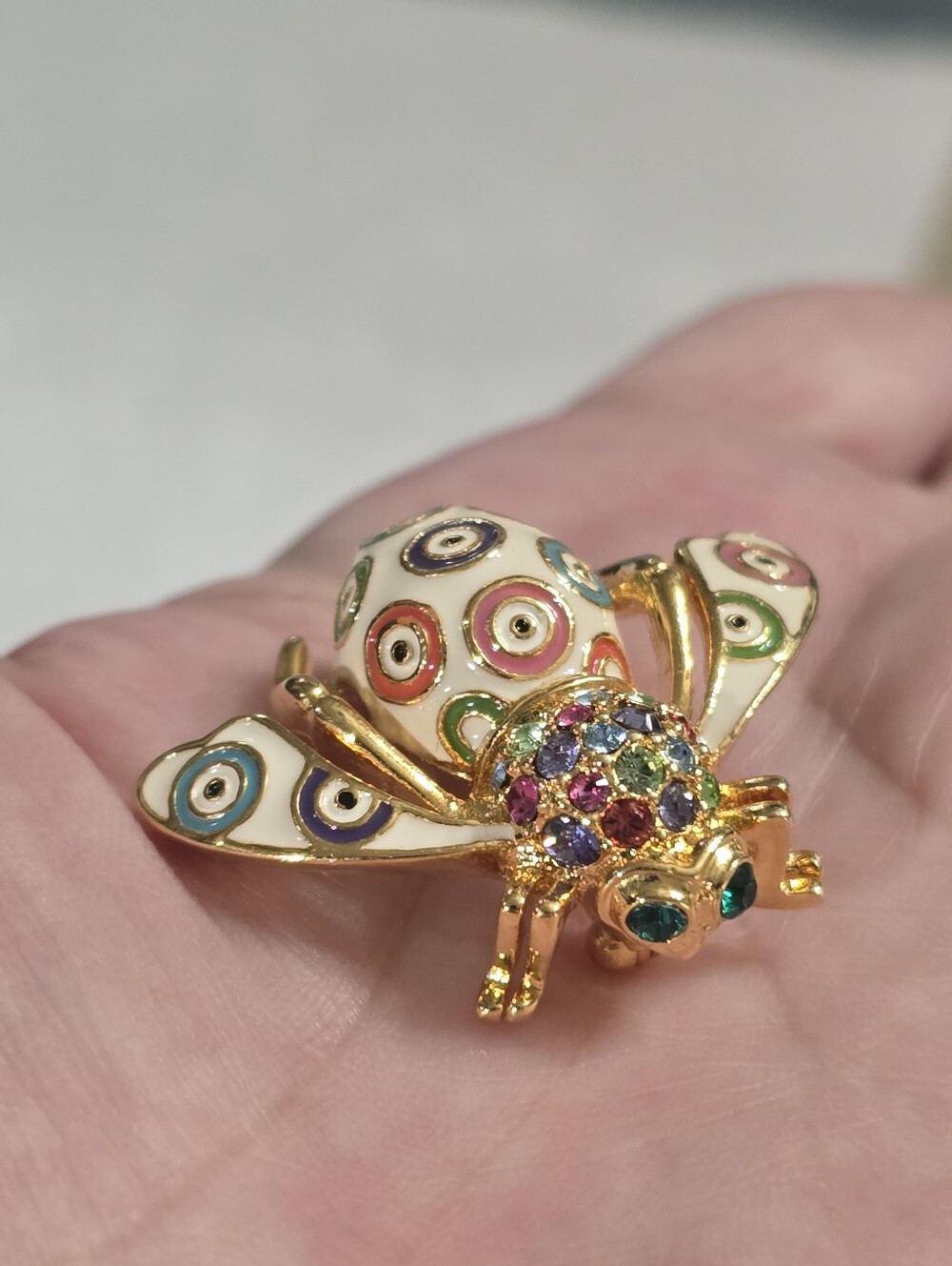 Vintage Joan Rivers Evil Eye Enamel & Colorful Rhinestones Bee Brooch